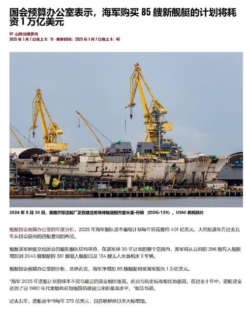 美国海军造船进展缓慢 五艘舰船延迟数年交付