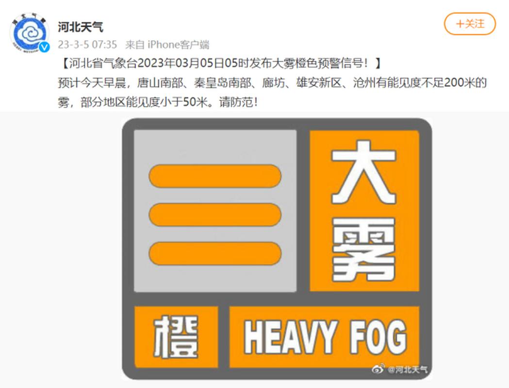 河北省廊坊市发布大雾橙色预警