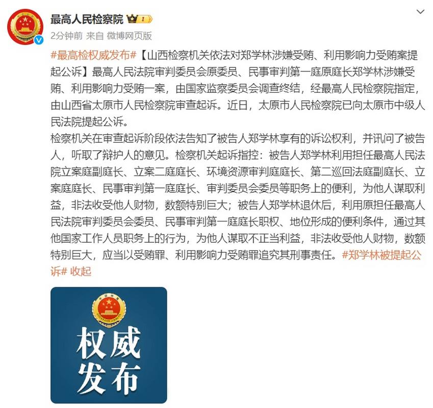 中国最高法审委会原委员、民一庭原庭长郑学林被公诉