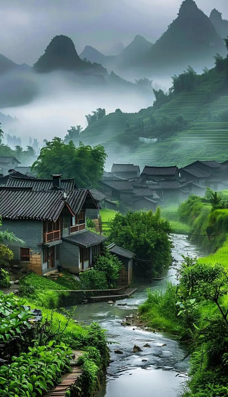 云雾与雨水交织 山峦共青天一色
